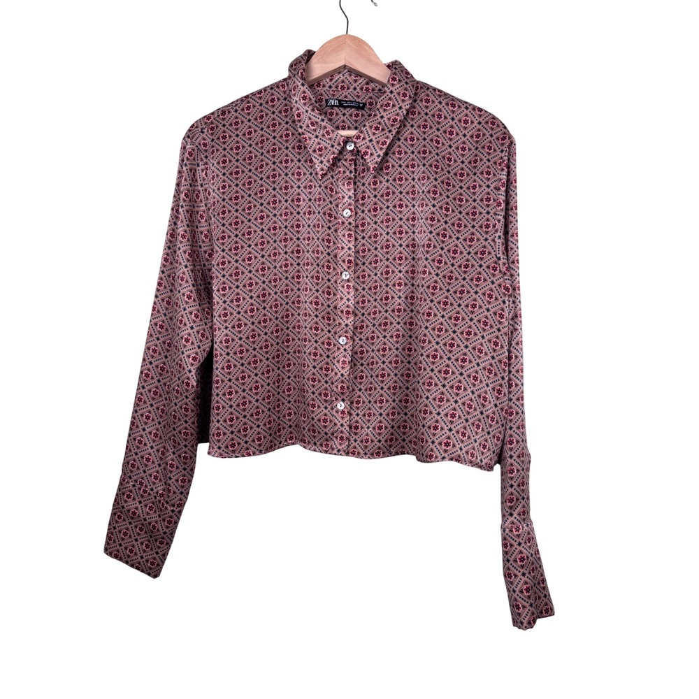 Zara Satin Button Down Shirt Geometric Floral Print Blouse Top Office Size L